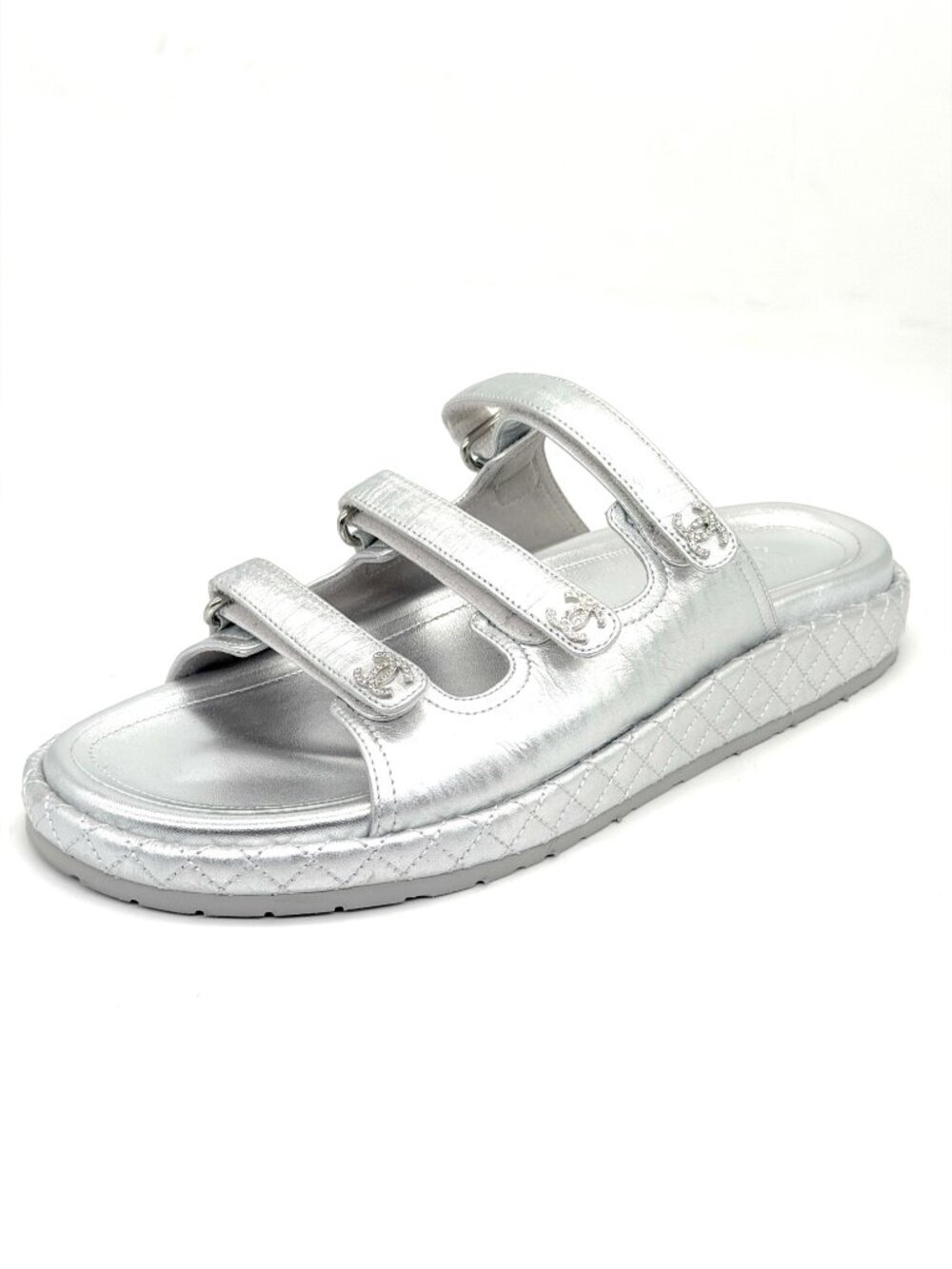 CHANEL 25C Laminated Leather Crystal CC Platform Flat Mules Slide Dad Sandals